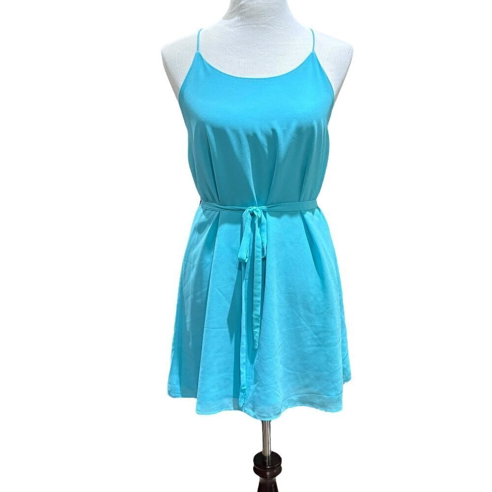 Naked Zebra Tie Waist Racerback Mini Dress Turquoise Blue Size Small